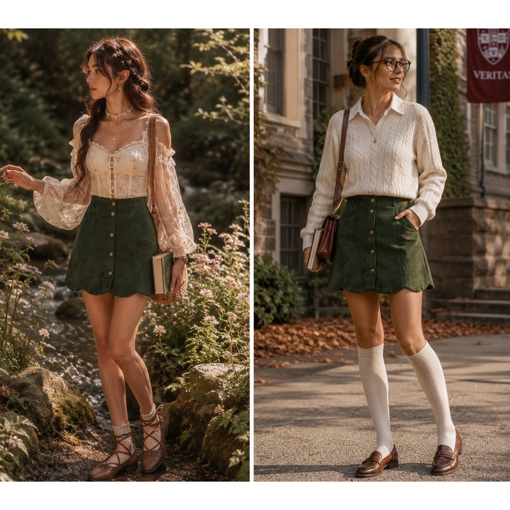Green Faux Suede Scalloped Button Front A-Line Mini Skirt Sz S Fairy‎ Academia